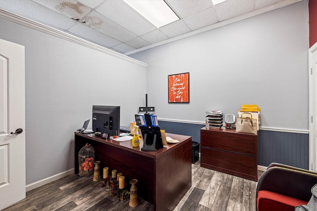 902 51st St, Galveston, TX 77551 - home office with wood finished floors, a wainscoted wall, and a drop ceiling
