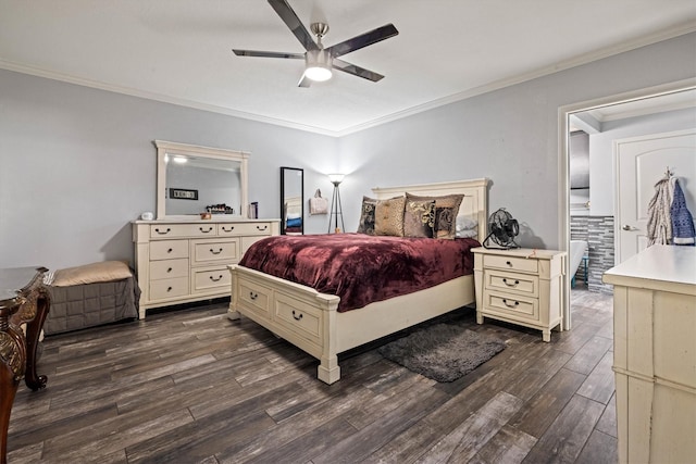 902 51st St, Galveston, TX 77551 - bedroom with dark wood-style flooring, ornamental molding, and ceiling fan