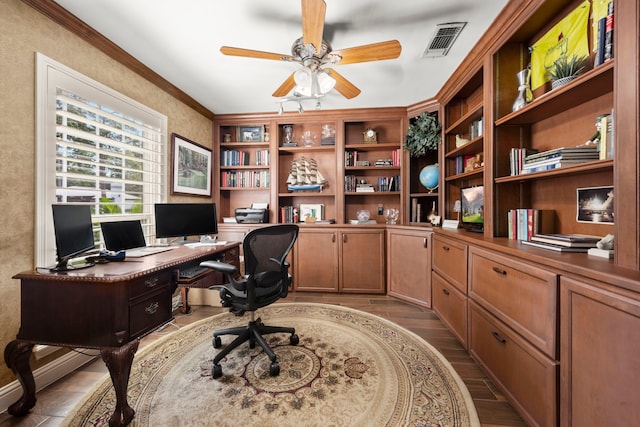 13306 Boca Raton Dr, Houston, TX 77069 - home office with a ceiling fan, light wood finished floors, and ornamental molding