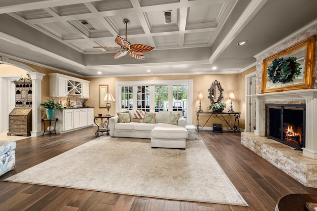 13306 Boca Raton Dr, Houston, TX 77069 - living area with a ceiling fan, a large fireplace, dark wood-style floors, crown molding, and coffered ceiling