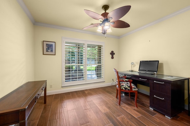 13306 Boca Raton Dr, Houston, TX 77069 - office area with ornamental molding, dark wood-style floors, and ceiling fan