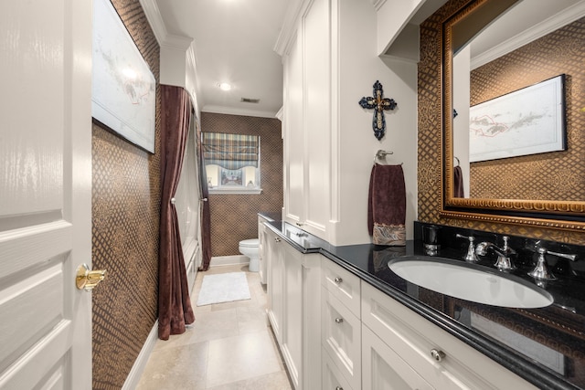 13306 Boca Raton Dr, Houston, TX 77069 - full bath with ornamental molding, vanity, wallpapered walls, tile patterned floors, and recessed lighting