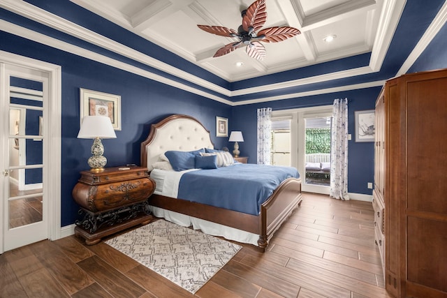 13306 Boca Raton Dr, Houston, TX 77069 - bedroom with crown molding, access to exterior, coffered ceiling, wood finished floors, and a ceiling fan