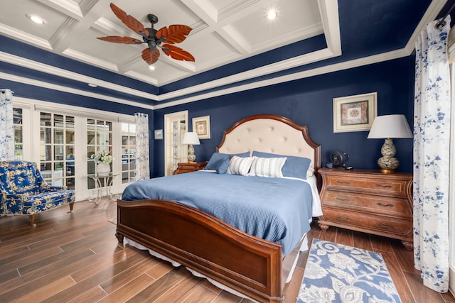 13306 Boca Raton Dr, Houston, TX 77069 - bedroom with wood finished floors, ornamental molding, coffered ceiling, beamed ceiling, and ceiling fan