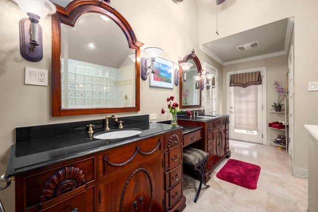 13306 Boca Raton Dr, Houston, TX 77069 - bathroom featuring vanity, ornamental molding, a ceiling fan, and tile patterned flooring