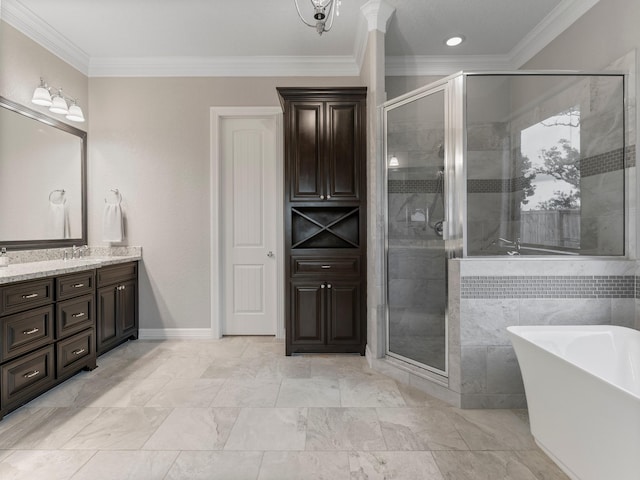 103 Lakeshore Ct, Clute, TX 77531 - bathroom with vanity, a freestanding bath, a stall shower, ornamental molding, and marble finish flooring