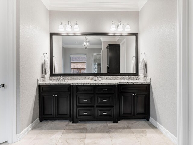 103 Lakeshore Ct, Clute, TX 77531 - bathroom with double vanity, ornamental molding, and a shower stall