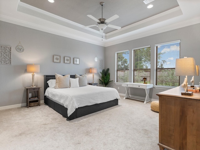 103 Lakeshore Ct, Clute, TX 77531 - bedroom featuring a raised ceiling, ornamental molding, light carpet, a ceiling fan, and recessed lighting
