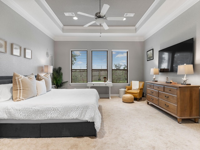 103 Lakeshore Ct, Clute, TX 77531 - bedroom with a tray ceiling, light colored carpet, crown molding, a ceiling fan, and recessed lighting