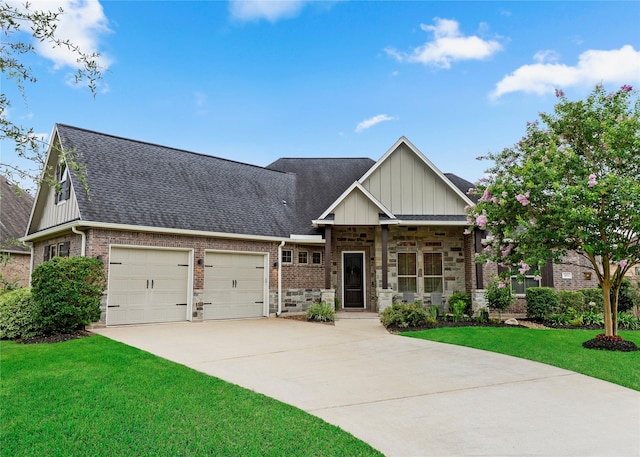 103 Lakeshore Ct, Clute, TX 77531 - craftsman-style home with board and batten siding, a front lawn, roof with shingles, concrete driveway, and brick siding