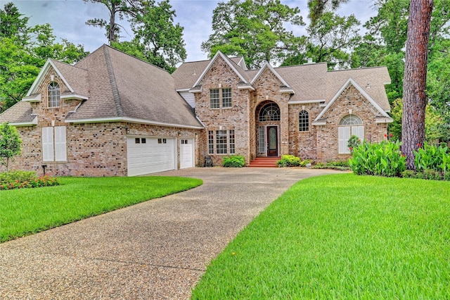 3134 Lake Island Dr, Montgomery, TX 77356 - view of front facade featuring brick siding, driveway, roof with shingles, a front yard, and a garage
