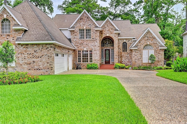 3134 Lake Island Dr, Montgomery, TX 77356 - view of front of home with brick siding, driveway, a garage, roof with shingles, and a front lawn