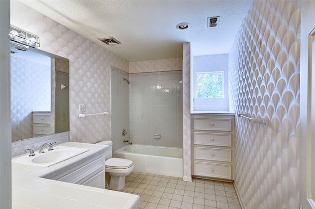 3134 Lake Island Dr, Montgomery, TX 77356 - bathroom with vanity, bathtub / shower combination, tile patterned flooring, wallpapered walls, and a textured ceiling