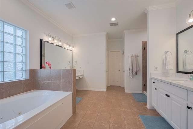 14439 Basalt Ln, Houston, TX 77077 - full bathroom featuring healthy amount of natural light, a bath, vanity, crown molding, and tile patterned floors