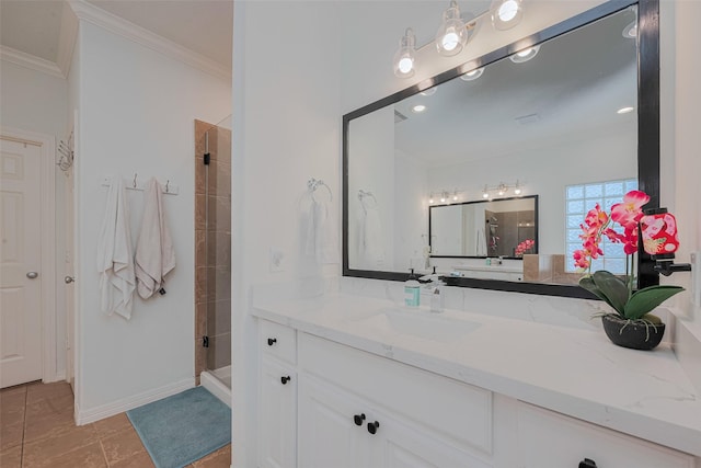 14439 Basalt Ln, Houston, TX 77077 - full bath featuring ornamental molding, a shower stall, and vanity