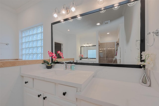 14439 Basalt Ln, Houston, TX 77077 - full bathroom featuring vanity, plenty of natural light, a shower stall, crown molding, and recessed lighting