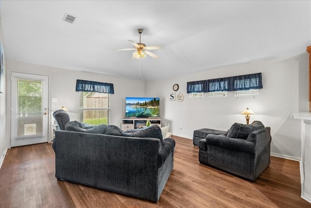 1803 Winding Trail Ln, Alvin, TX 77511 - living room featuring a ceiling fan, wood finished floors, and lofted ceiling