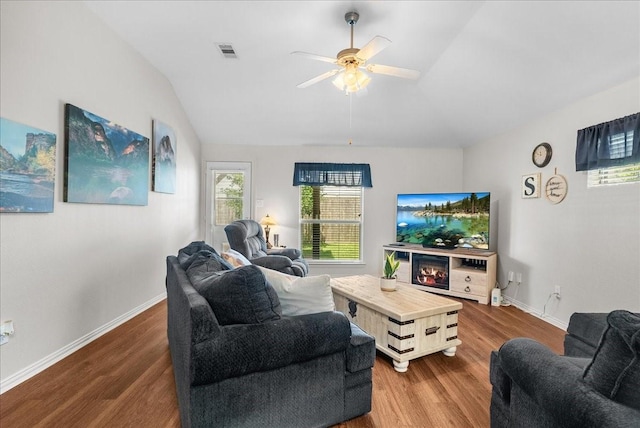 1803 Winding Trail Ln, Alvin, TX 77511 - living room featuring wood finished floors, ceiling fan, and vaulted ceiling