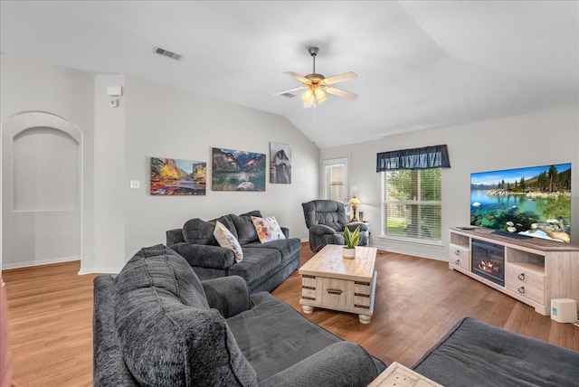 1803 Winding Trail Ln, Alvin, TX 77511 - living room with lofted ceiling, a ceiling fan, and wood finished floors