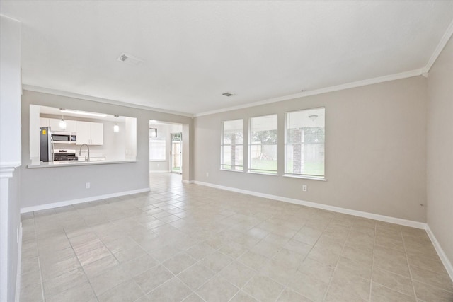 21619 Knightsbrook Ln, Katy, TX 77449 - unfurnished living room with crown molding and light tile patterned floors