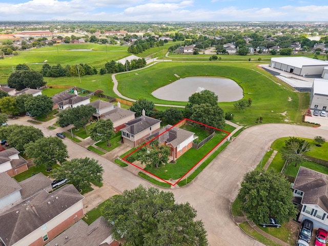 21619 Knightsbrook Ln, Katy, TX 77449 - aerial perspective of suburban area featuring property boundaries highlighted, a large body of water, and a golf course