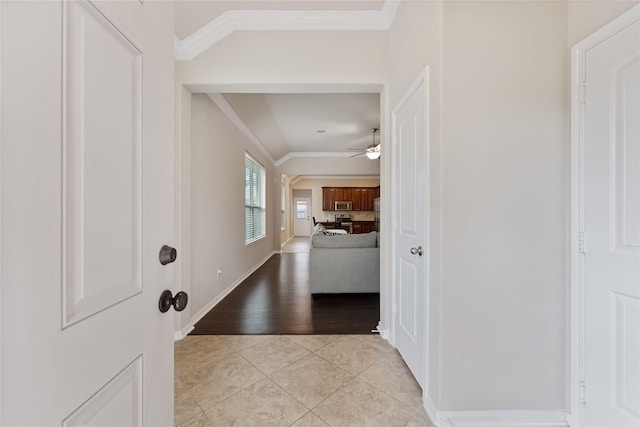 20726 Ranch Mill Ln, Cypress, TX 77433 - entryway with ceiling fan, ornamental molding, and light tile patterned floors