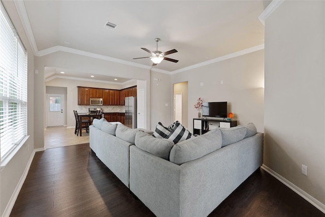 20726 Ranch Mill Ln, Cypress, TX 77433 - living room featuring ceiling fan, dark wood finished floors, ornamental molding, and recessed lighting