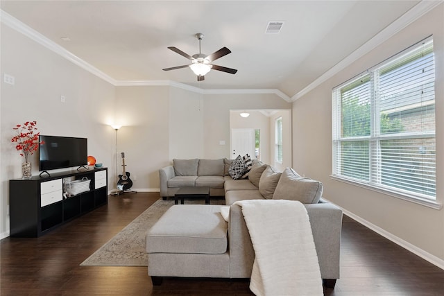 20726 Ranch Mill Ln, Cypress, TX 77433 - living room featuring dark wood-style floors, ceiling fan, and crown molding