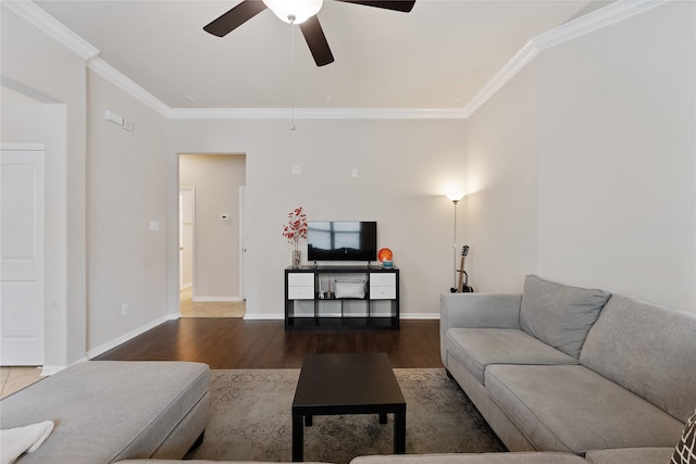 20726 Ranch Mill Ln, Cypress, TX 77433 - living room with ornamental molding, wood finished floors, and a ceiling fan