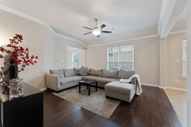 20726 Ranch Mill Ln, Cypress, TX 77433 - living area featuring ceiling fan, wood finished floors, and crown molding