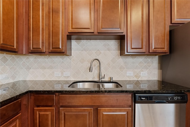 20726 Ranch Mill Ln, Cypress, TX 77433 - kitchen with dishwasher, dark stone counters, backsplash, and brown cabinetry