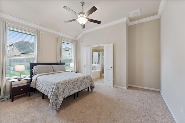20726 Ranch Mill Ln, Cypress, TX 77433 - bedroom with ornamental molding, light colored carpet, a ceiling fan, and ensuite bathroom