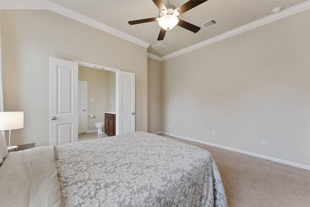 20726 Ranch Mill Ln, Cypress, TX 77433 - bedroom with ornamental molding, carpet flooring, ensuite bath, and ceiling fan