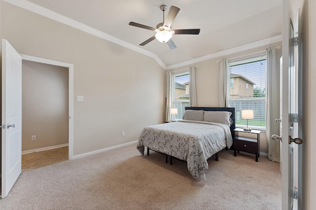 20726 Ranch Mill Ln, Cypress, TX 77433 - bedroom featuring ornamental molding, light carpet, vaulted ceiling, and a ceiling fan