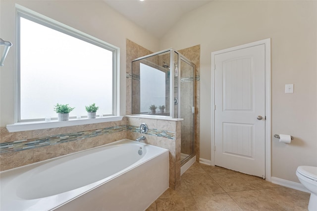 20726 Ranch Mill Ln, Cypress, TX 77433 - full bathroom with a bath, a stall shower, tile patterned floors, and vaulted ceiling