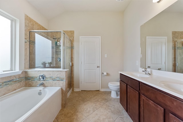 20726 Ranch Mill Ln, Cypress, TX 77433 - bathroom featuring lofted ceiling, a garden tub, double vanity, a shower stall, and tile patterned floors