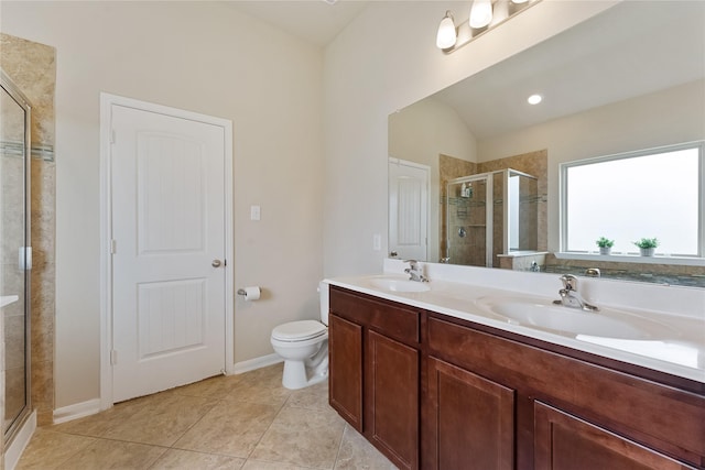 20726 Ranch Mill Ln, Cypress, TX 77433 - bathroom with a stall shower, double vanity, and tile patterned floors