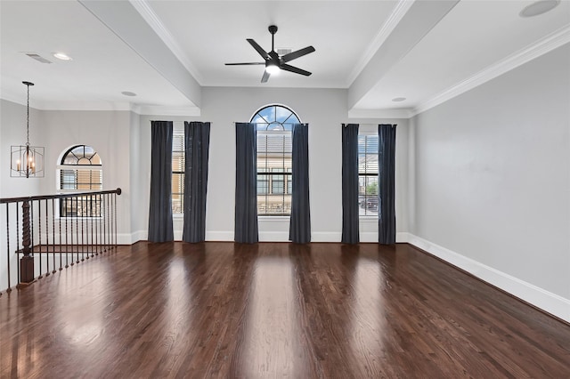 1320 Studer St, Houston, TX 77007 - spare room featuring a chandelier, ceiling fan, wood finished floors, crown molding, and recessed lighting
