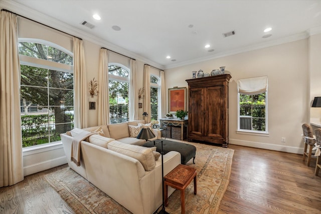 1126 Lake Pointe Pkwy, Sugar Land, TX 77478 - living area with crown molding, light wood-style floors, and recessed lighting