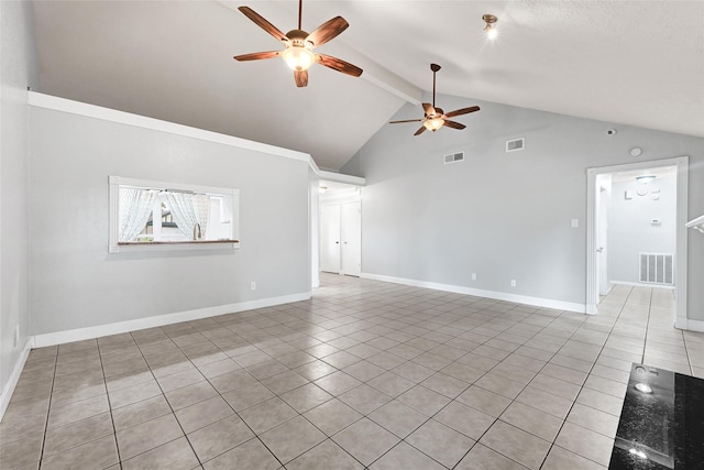 20042 S Pecos Valley Trl, Katy, TX 77449 - unfurnished living room with ceiling fan, light tile patterned flooring, high vaulted ceiling, and beamed ceiling