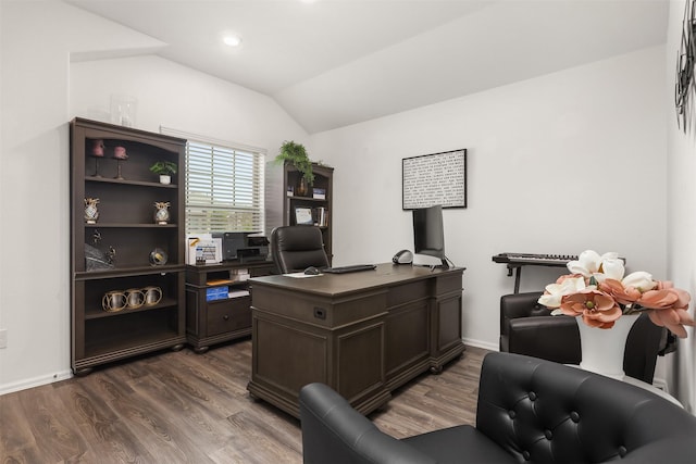 3051 Newcastle Crest Ln, Dickinson, TX 77539 - office space featuring dark wood finished floors, vaulted ceiling, and recessed lighting