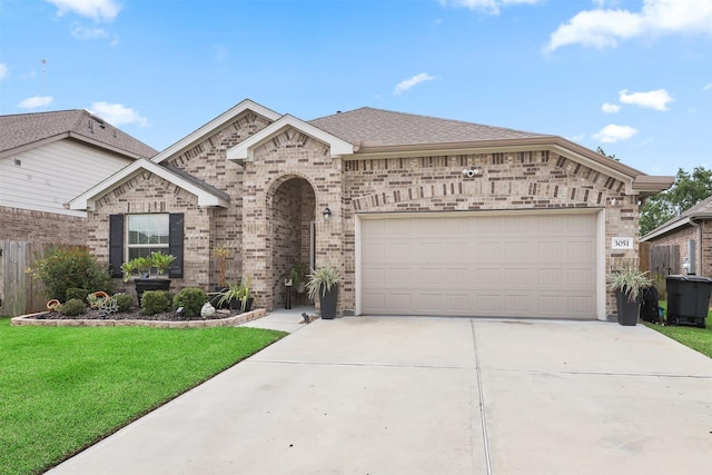 3051 Newcastle Crest Ln, Dickinson, TX 77539 - french country style house with an attached garage, driveway, brick siding, and a shingled roof