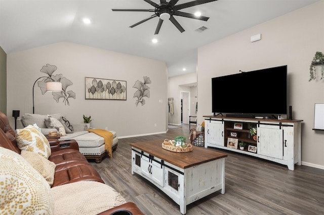 3051 Newcastle Crest Ln, Dickinson, TX 77539 - living area featuring ceiling fan, dark wood-style floors, vaulted ceiling, and recessed lighting