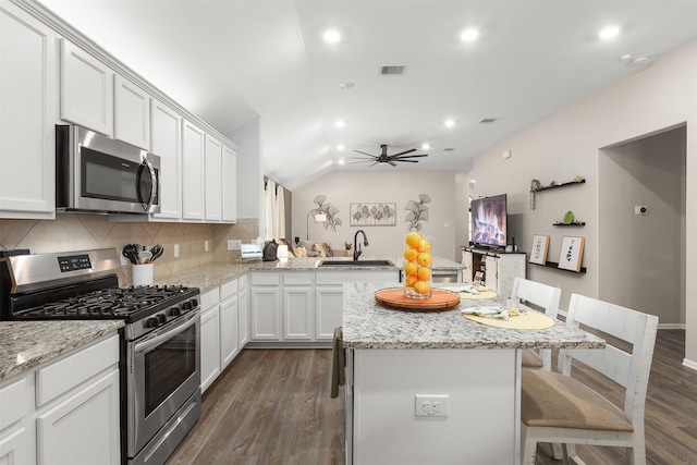 3051 Newcastle Crest Ln, Dickinson, TX 77539 - kitchen featuring appliances with stainless steel finishes, decorative backsplash, dark wood-type flooring, a center island, and recessed lighting