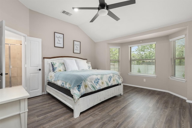 3051 Newcastle Crest Ln, Dickinson, TX 77539 - bedroom with vaulted ceiling, dark wood-type flooring, and a ceiling fan