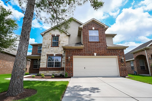 4723 Peninsula Garden Way, Humble, TX 77396 - view of front of property featuring stone siding, concrete driveway, stucco siding, an attached garage, and a front yard