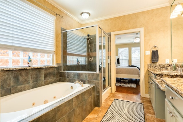 114 Arrowhead Dr, Lake Jackson, TX 77566 - full bathroom with vanity, a tub with jets, a shower stall, healthy amount of natural light, and ornamental molding