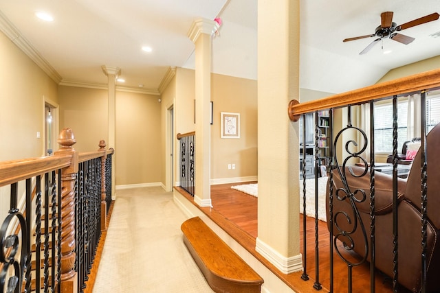 114 Arrowhead Dr, Lake Jackson, TX 77566 - wine area with ceiling fan, recessed lighting, crown molding, wood finished floors, and vaulted ceiling