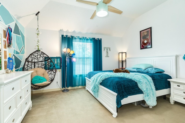 114 Arrowhead Dr, Lake Jackson, TX 77566 - bedroom featuring light carpet, vaulted ceiling, and a ceiling fan
