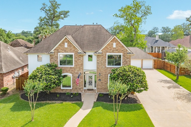 114 Arrowhead Dr, Lake Jackson, TX 77566 - traditional-style house with a garage, driveway, a shingled roof, and brick siding